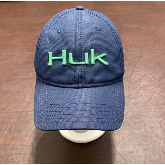 Huk Fishing Performance Snapback Hat Navy Blue Green Logo Adjustable Cap Outdoor - Picture 1 of 8